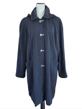 London Fog Mid Length Hooded Black Trench Coat L
